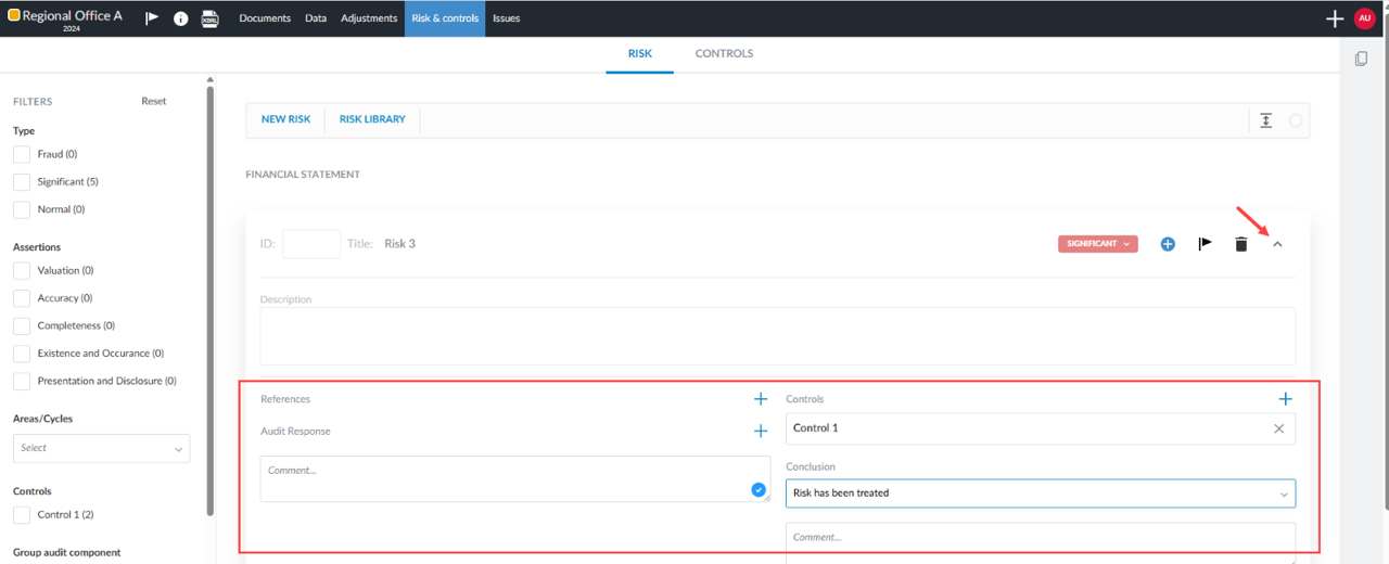 the user interface for the component auditor to complete fieldwork on the Risk and controls page.